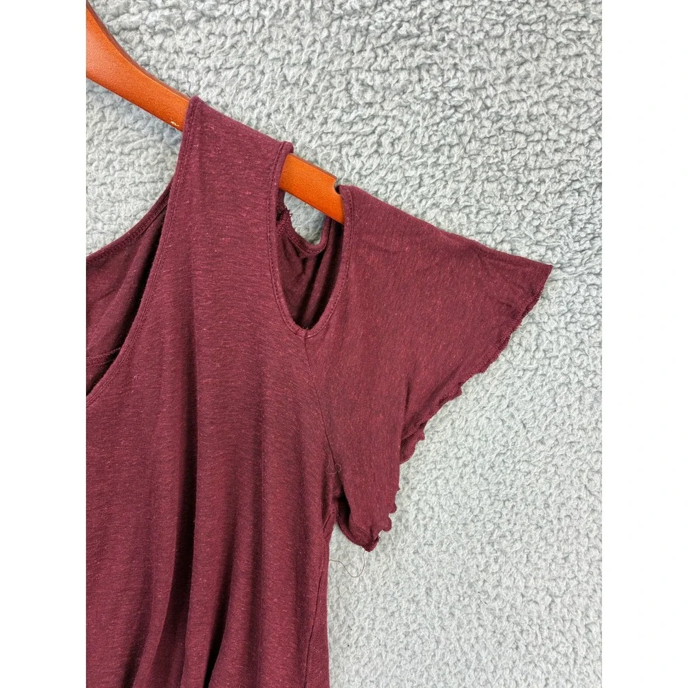Free People Cold Shoulder Cutout T-Shirt Womens S Burgundy Short Sleeve Boho